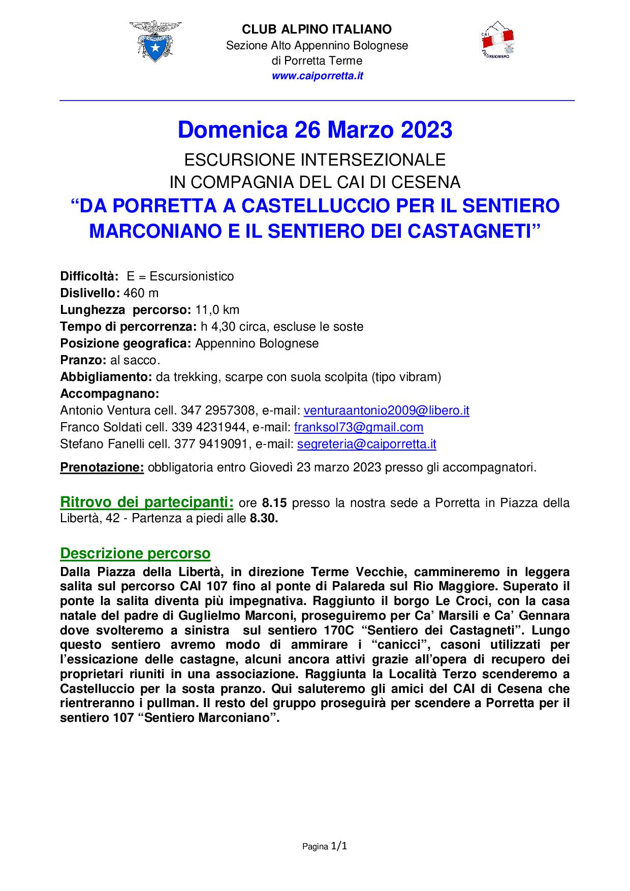 Domenica 26 marzo 2023 da Porretta Castelluccio con il CAI Cesena