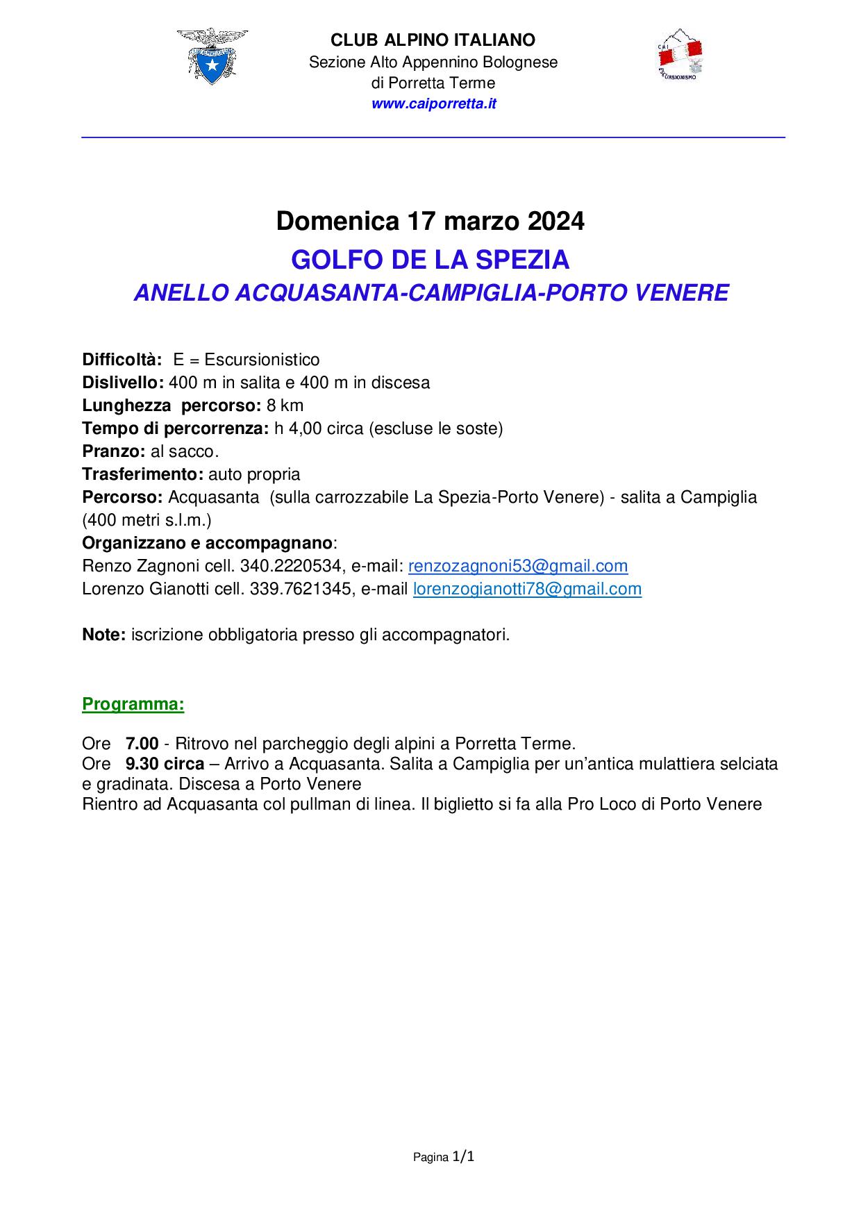 Domenica 17 marzo 2024 Liguria il Golfo de La Spezia